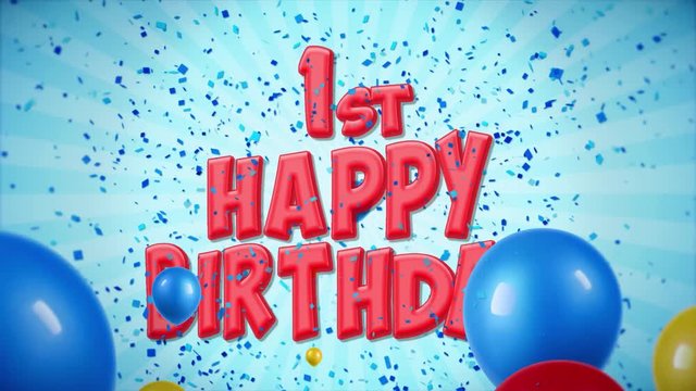 02. 1st Happy Birthday Red Text Appears on Confetti Popper Explosions Falling and Glitter Particles, Colorful Flying Balloons Seamless Loop Animation for Wishes Greeting, Party, Invitation, card.