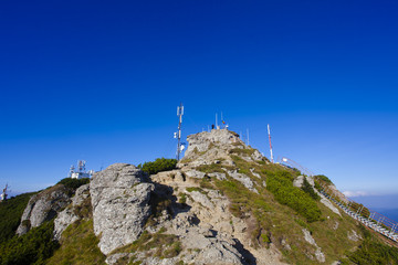 Ceahlau mountain top in Romania, Carpathians. clear blue sky