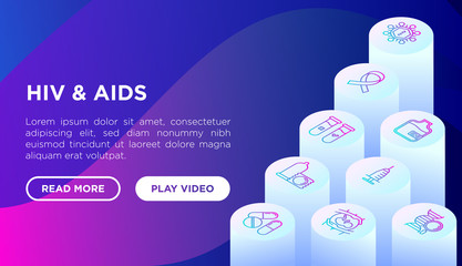 HIV and AIDs concept with thin line isometric icons: safe sex, blood transfusion, syringe, antiviral drugs, AIDs ribbon, blood test. Vector illustration, web page template on gradient background