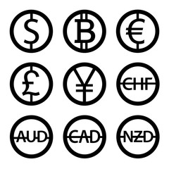 World currencies signs: dollar icon, bitcoin coin, euro sign, pend sterling symbol, Swiss frank etc.  Isolated golden Coins icons design, web currency banking concept vector illustration