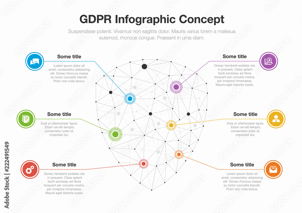 Poster European GDPR infographic concept with shield symbol made from network polygons as main symbol with several colorful icons, isolated on light background. Easy to use for your website or presentation.