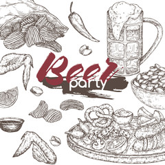 Beer party template with beer mug, chips, nuts, chicken wings and snack plate.