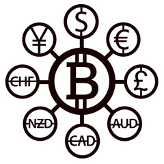 World currencies design creative concept with signs: dollar icon, bitcoin coin, euro sign, pend sterling symbol, Swiss frank etc. Isolated flat Coins icons idea, web currency banking vector 