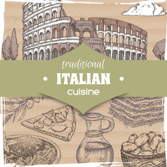 Fototapety  Vintage szablon z krajobrazem Rzymu i daniami kuchni włoskiej.