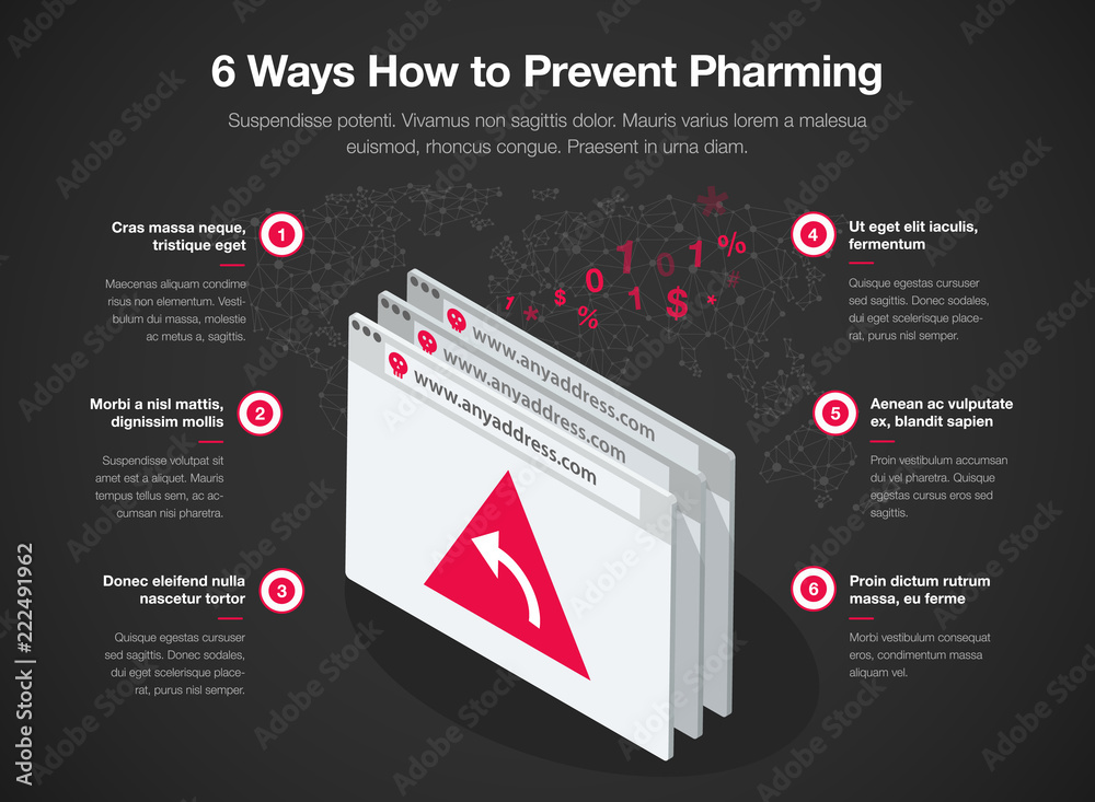 Fototapete simple vector infographic for 6 ways how to prevent pharming redirecting a website's traffic to anot