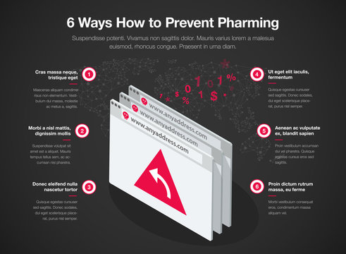 Simple Vector infographic for 6 ways how to prevent pharming redirecting a website's traffic to another fake site. Easy to use for your website or presentation – dark version.