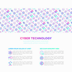 Cyber technology concept with thin line icons: ai, virtual reality glasses, bionics, robotics, global network, computer game, microprocessor, nano robots. Vector illustration, web page template.