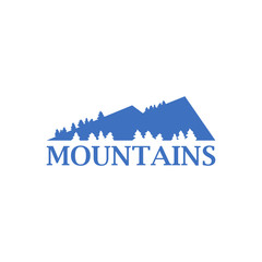 Abstract and flat blue mountains with spruce trees icon. Mountains logo idea for the business card, branding and corporate identity.