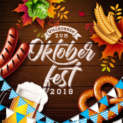 Oktoberfest Banner Illustration with Typography Lettering and Fresh Beer on Vintage Wood Background. Vector Traditional German Beer Festival Design with Wheat, Pretzel, Sausage, Hop and Autumn Leaves