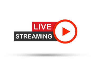 Live streaming flat logo - red vector design element with play button. Vector illustration