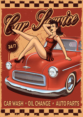 Pin-up rerto poster with girl and classic car