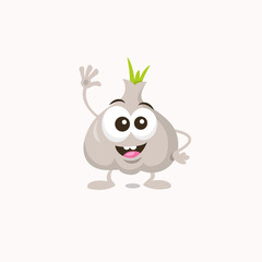 Illustration of cute happy garlic mascot greeting someone with big smile isolated on light background. Flat design style for your mascot branding.