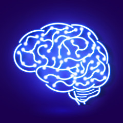Vector illustration of human brain. Neon sign on blue background.