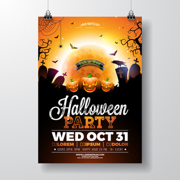 Halloween Party flyer vector illustration with scary faced pumpkin on mysterious moon background. Holiday design template with crow, spiders, cemetery and flying bats for party invitation, greeting