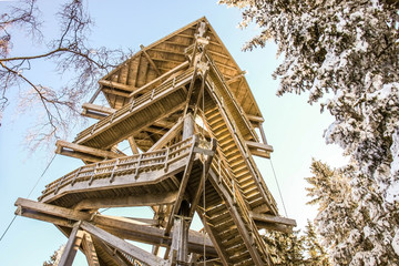High Wooden Observation Tower with Viewing Platform on Top of the ski resort Semmering, Austria
