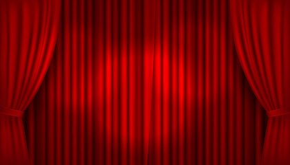 Vector realistic illuminated stage with open red velvet curtains - obrazy, fototapety, plakaty