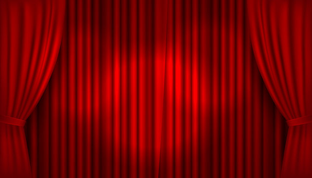 Vector realistic illuminated stage with open red velvet curtains
