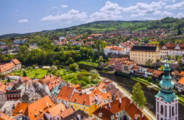 panoramic view on Cesky Krumlov rural town, Czech Republic.