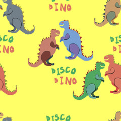 Colourful disco dinosaurs on the yellow background
