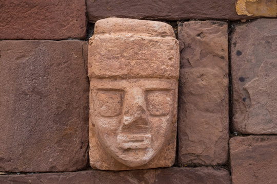 Ruins of the ancient city of Tiwanaku, Bolivia, faces