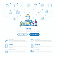 Fototapeta na wymiar Wine concept: winemaker with thin line icons, wine glass, grapes, cheese. Modern vector illustration, web page template.