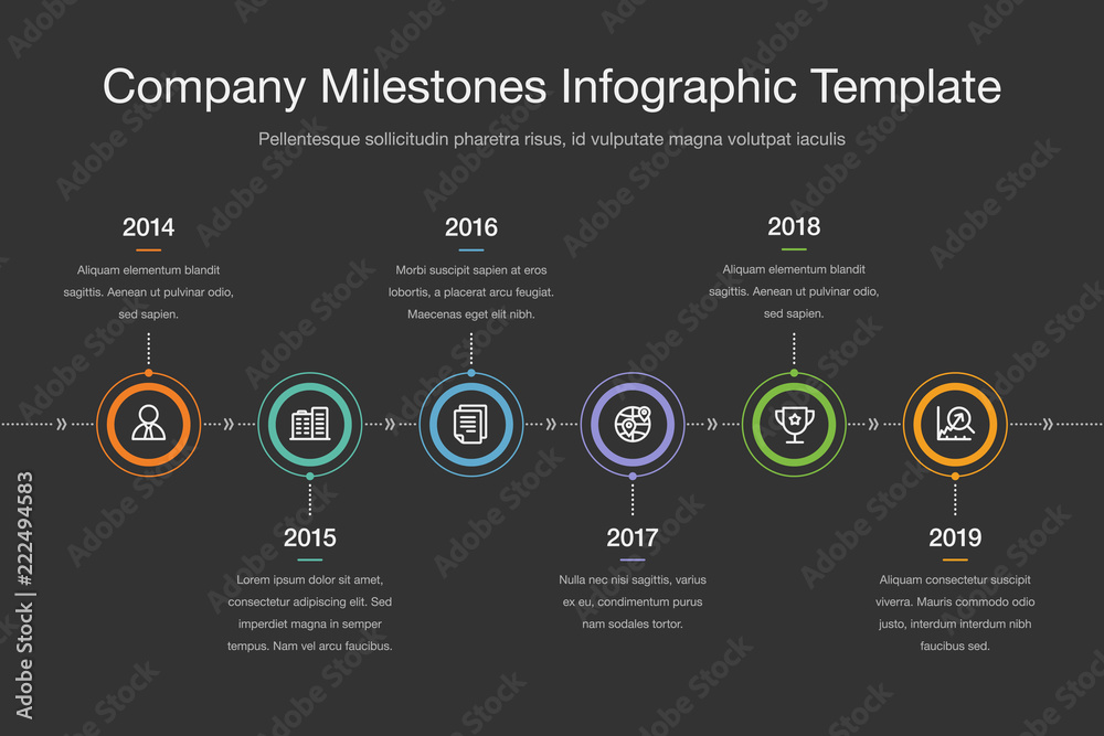Poster Infographic for company milestones timeline template with colorful circles and icons, isolated on dark background. Easy to use for your website or presentation.