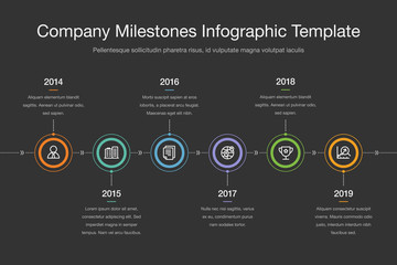 Infographic for company milestones timeline template with colorful circles and icons, isolated on dark background. Easy to use for your website or presentation.