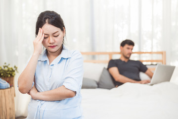 Pregnant woman worried about husband neglect to take care of her health and baby. Wife with ignored...