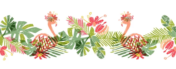 Foto op Plexiglas Tropical flower and flamingo, hand drawn tropic header or border line, vector illustration isolated on white background. Floral jungle bouquet, exotic plant leaf and bird, doodle style © antuanetto