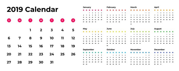 Colorful year 2019 calendar vector template. Eps 10