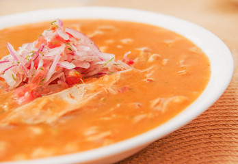 Close up of delicious encebollado fish stew from Ecuador traditional food national dish