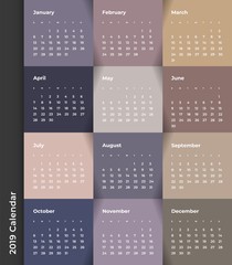 Colorful year 2019 calendar vector template. Eps 10