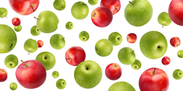 Fruit background with green and red apples on white.