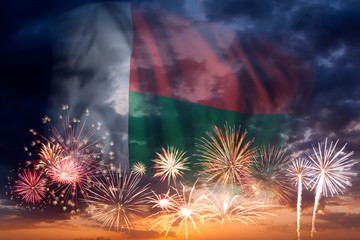 Fireworks and flag of Madagascar