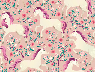 Hand drawn vintage Unicorn in magic forest seamless pattern. Vector illustration in Victorian style.