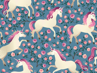 Unicorns on background with a fairy forest. Seamless pattern.