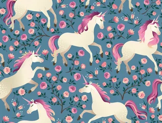 Printed kitchen splashbacks Unicorn Unicorns on background with a fairy forest. Seamless pattern.
