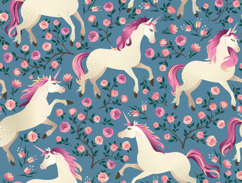 Fototapeta Unicorns on background with a fairy forest. Seamless pattern.