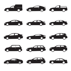 Set of black shapes and Icons of Cars. Vector Illustration.