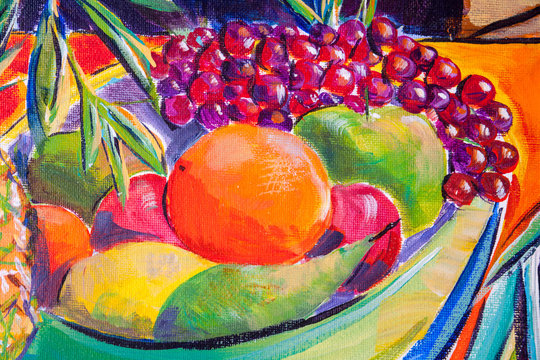Details of acrylic paintings showing colour, textures and techniques.  A fruit bowl with grapes, oranges and pears.
