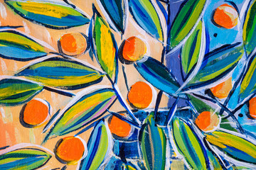 Details of acrylic paintings showing colour, textures and techniques. Expressionistic leaves and orange berries. - obrazy, fototapety, plakaty