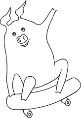 Free Hand Doodle Sketch Vector Illustration of Happy Cartoon Pig Skateboarder. Cute Kawaii Funny Character. Coloring Page. Adults Sport Illustration for Motivation