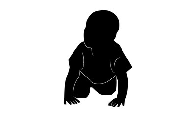the baby's silhouette is crawling in the front looking right.