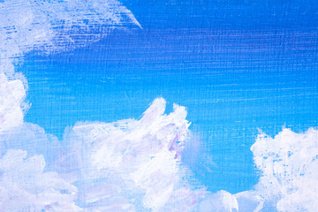 Details of acrylic paintings showing colour, textures and techniques.  Full frame blue sky background with clouds