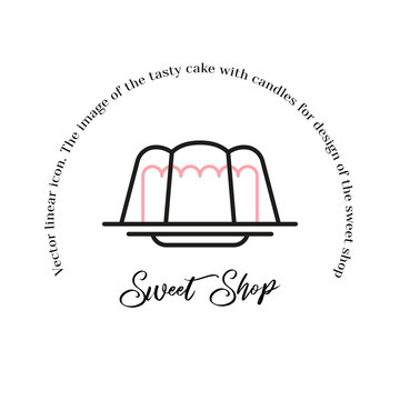 Stacked birthday cake badge dessert with color decor line art vector icon for sweet shop sign and cafe app.