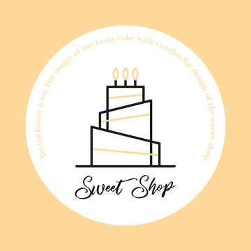 Stacked birthday cake badge dessert with color decor line art vector icon for sweet shop sign and cafe app.
