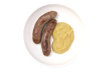 Bangers and Mash or Sausage and Mashed Potatoes in a White Plate