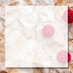 Christmas square background of wrinkled paper covered with white paint with red balls and mockup