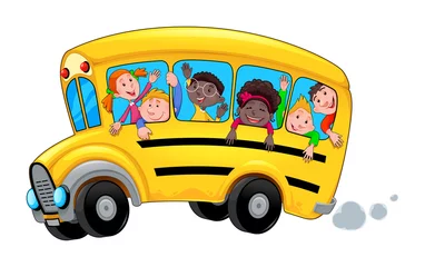 Poster Im Rahmen Cartoon-Schulbus mit glücklichen Kinderschülern © ddraw