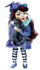 Halloween holiday little girl witch and cat